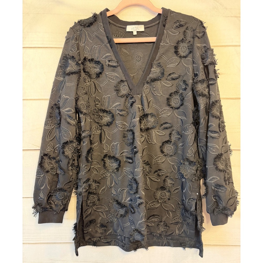 Pearl by Lela Rose Black 3D Floral Textured V-Neck Tunic Top Small
